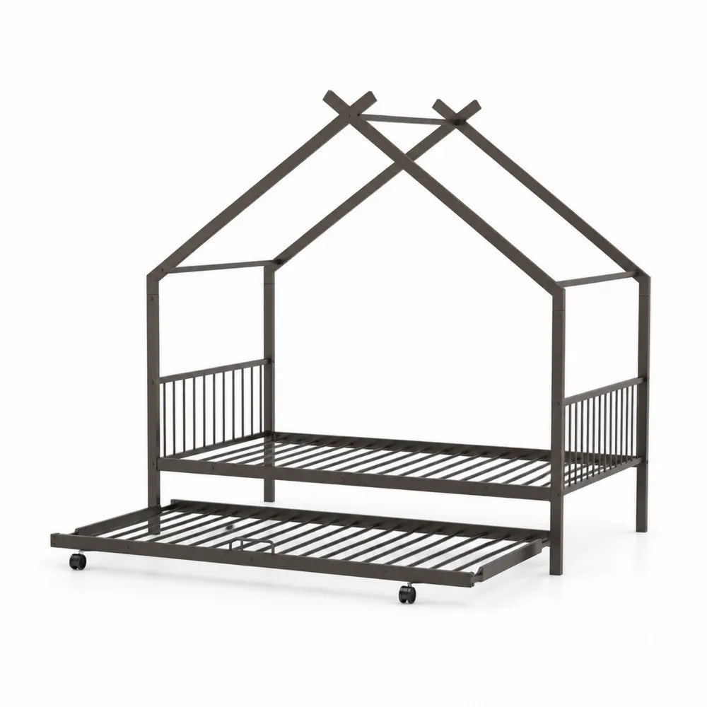 Metall Hausbett mit ausziehbarem Zusatzbett Dunkelgrau