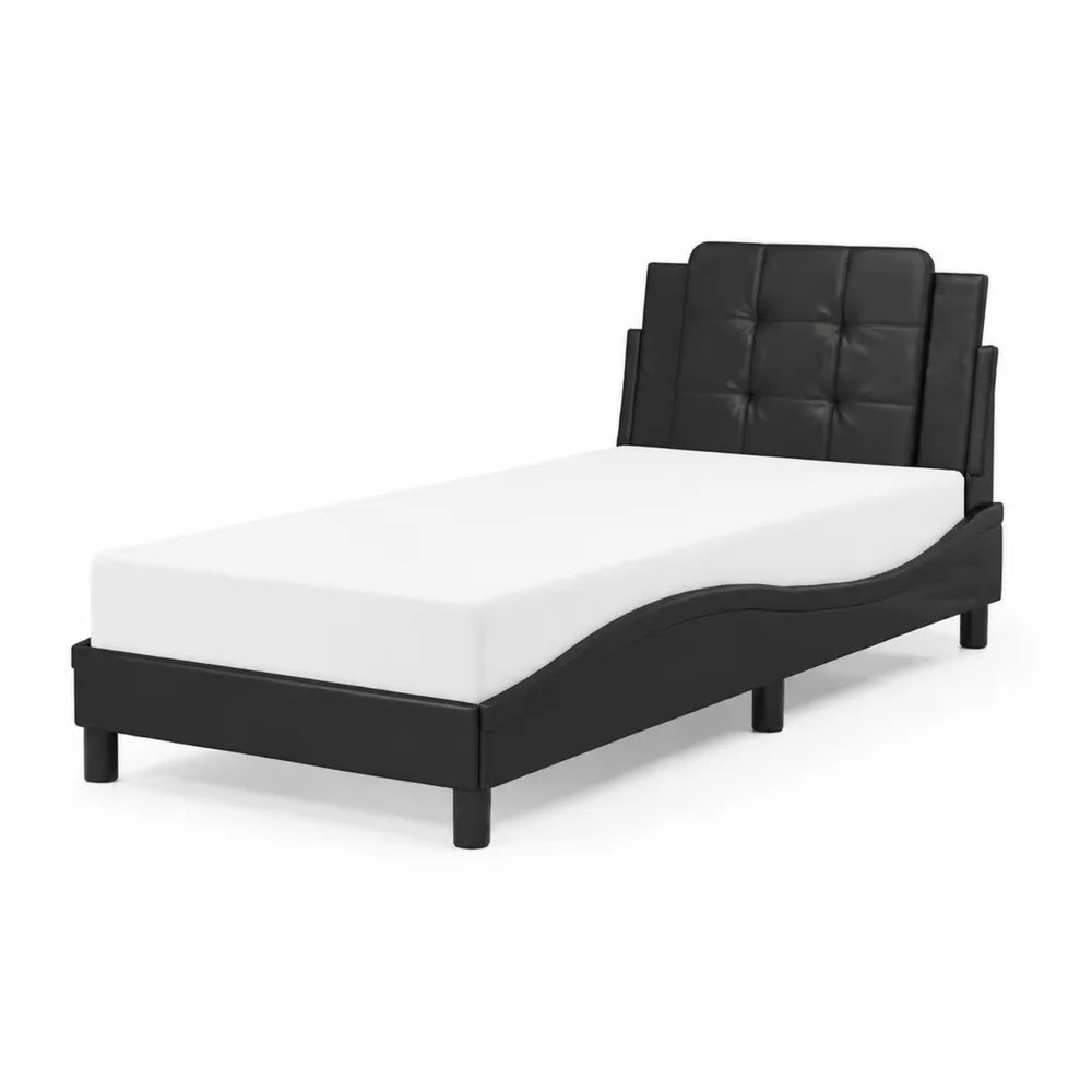 Einzelbett aus Kunstleder und Holz, Schwarz, 210x100x85 cm