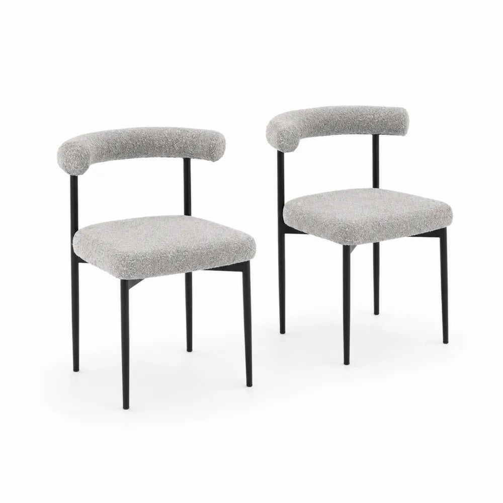 2er-Set Esszimmerstühle aus grauem Bouclé-Stoff mit Metallbeinen