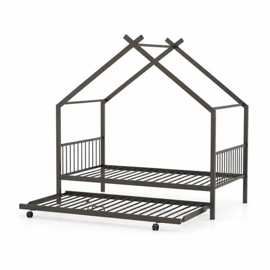 Metall Hausbett mit ausziehbarem Zusatzbett Dunkelgrau