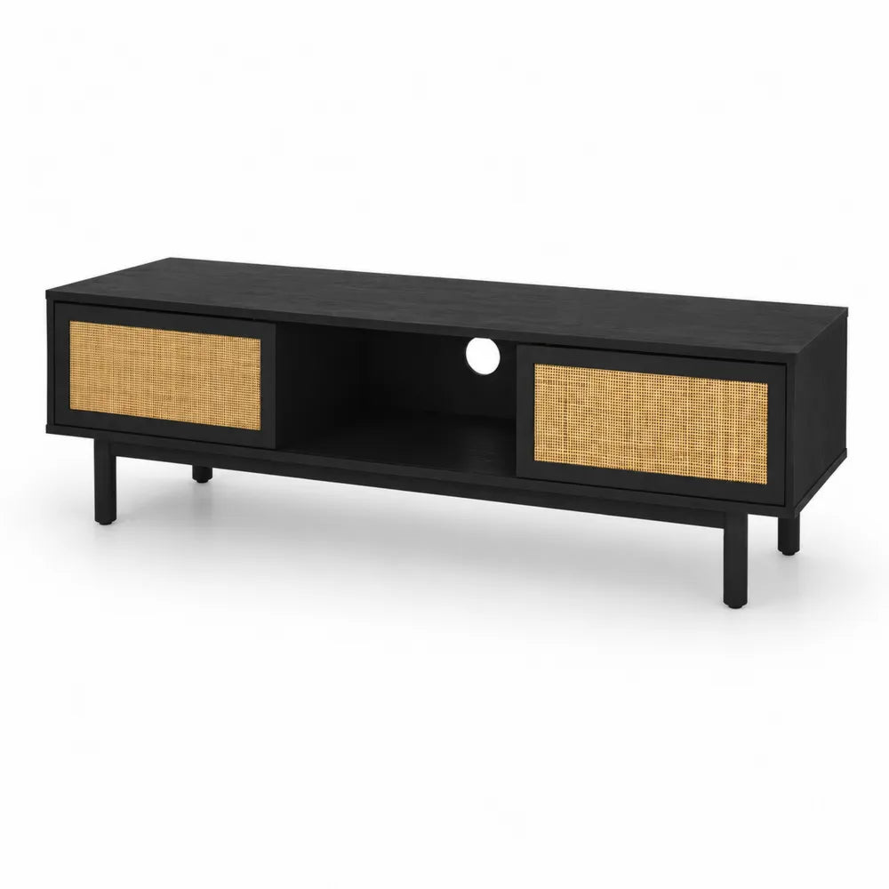TV-Lowboard Schwarz mit Rattan und Holz 120x40x40 cm