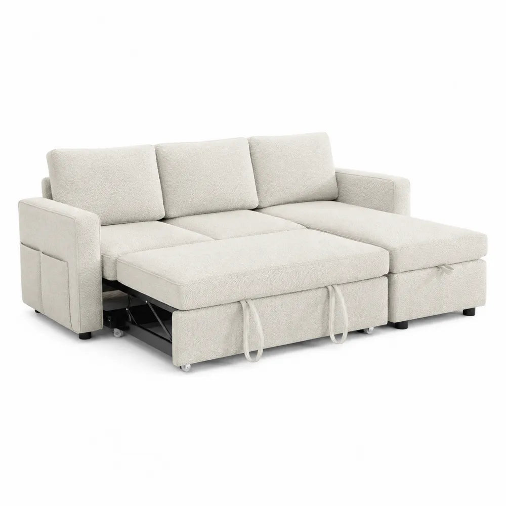 Ecksofa mit Schlaffunktion aus Polyestergewebe, Creme, 220x150x85 cm